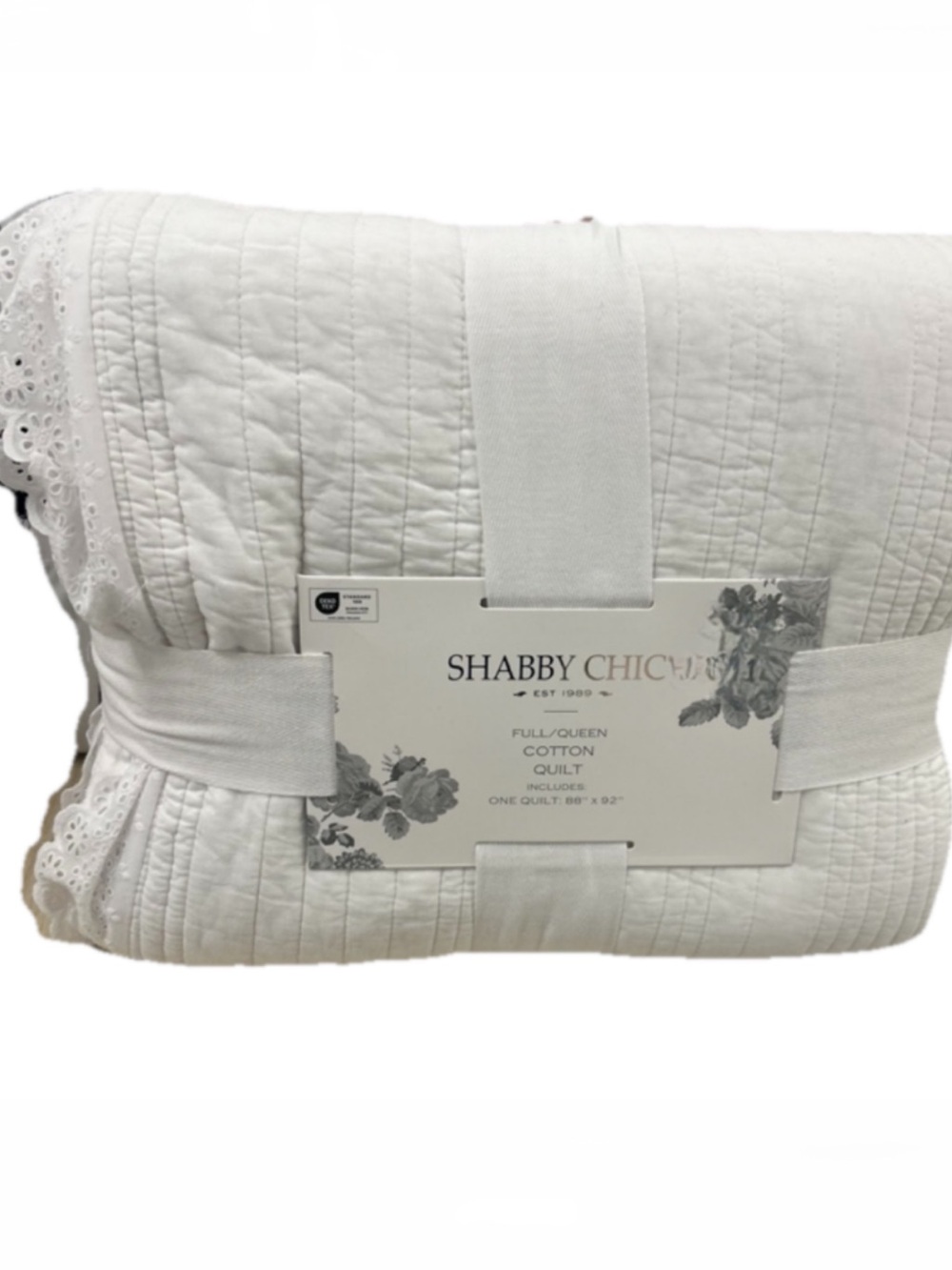 Shabby Chic White Cotton Full/Queen Quilt with Eyelet Lace Trim 88”x92”